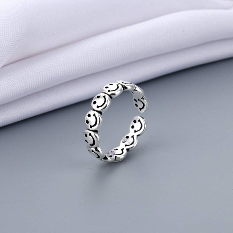 Vintage starożytny srebrny kolor szczęśliwy uśmiechnięta twarz otwarte pierścienie dla kobiet Punk Hip Hop regulowany pierścień biżuteria najlepszy prezent