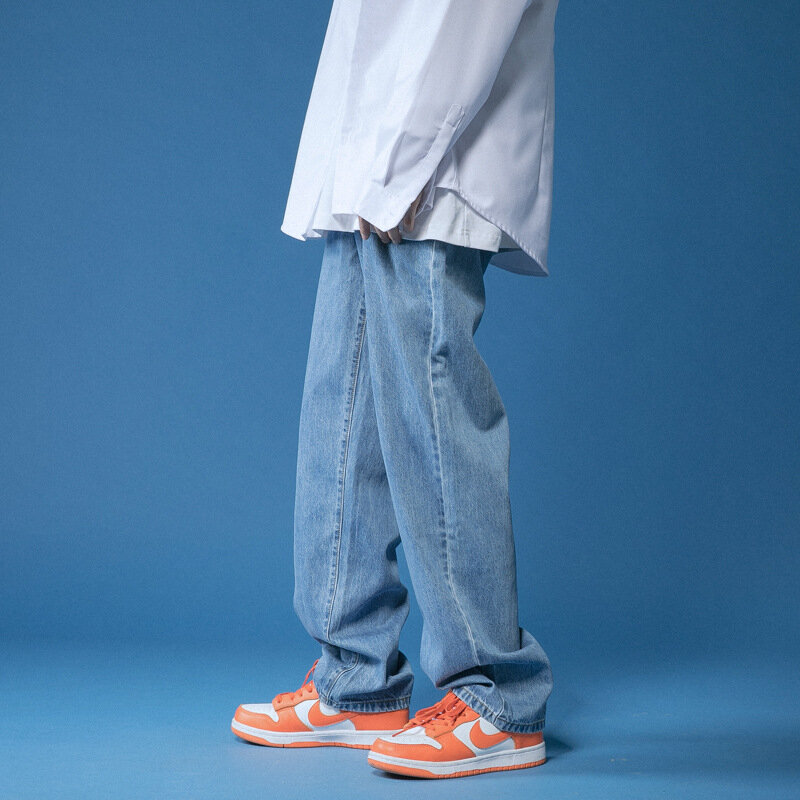 Мужские прямые брюки, повседневные однотонные шаровары из денима, свободные брюки в уличном стиле с широкими штанинами, 2021