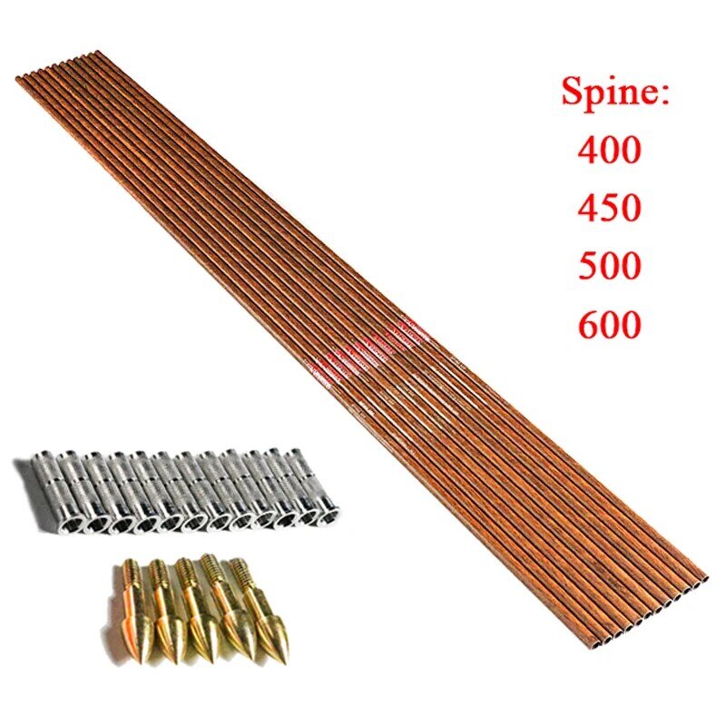 12PCS 32'' Spine400 450 500 600 ID6.2 Pure Carbon Wood Skin Arrow Shafts + Insert Point Archery Compound Bow Hunting Shooting