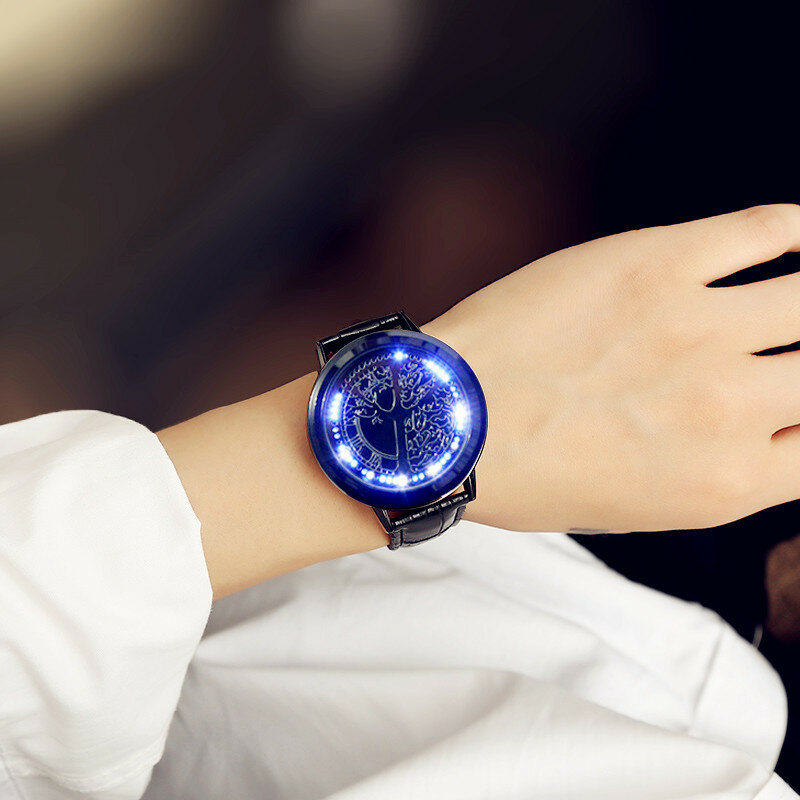 新しいledタッチ腕時計ファッションカジュアルクリエイティブ革腕時計exquisteクォーツ時計時間時計女性男性レロジオmasculino saati