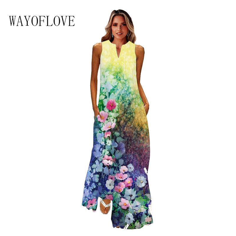 Wayoflove primavera verão maxi vestido feminino elegante casual praia férias florais impresso vestidos longos sem mangas com decote em v vestido de festa