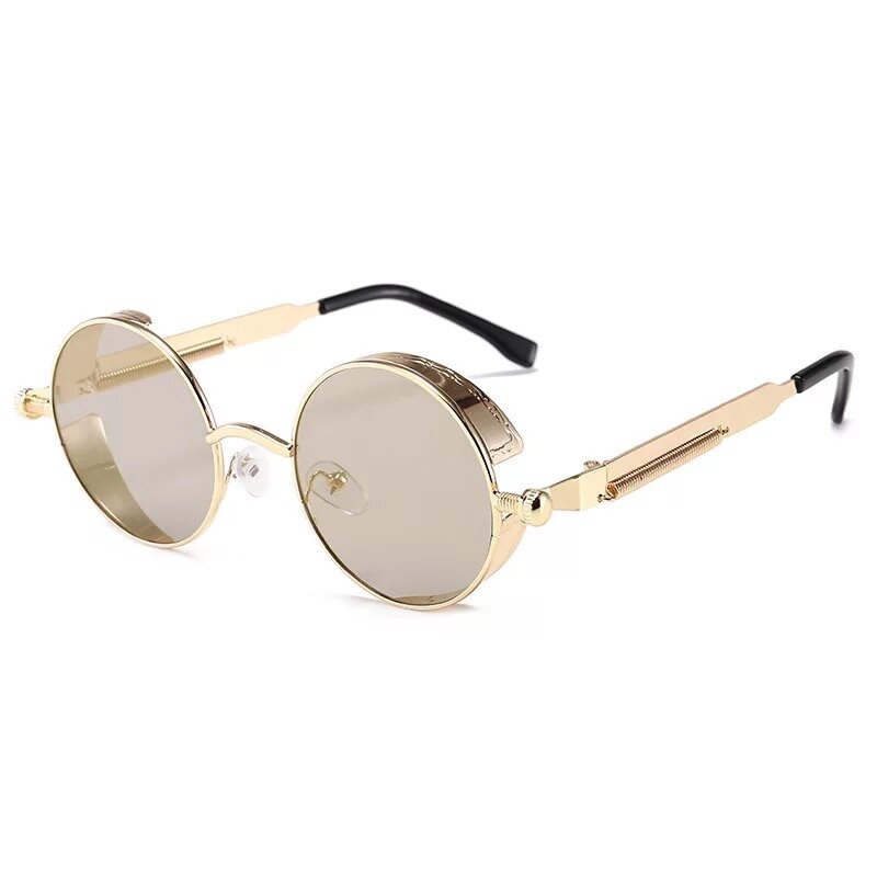 Óculos de sol steampunk gótico e clássico, óculos de sol retrô redondo espelhado de metal de alta qualidade uv400 para homens e mulheres