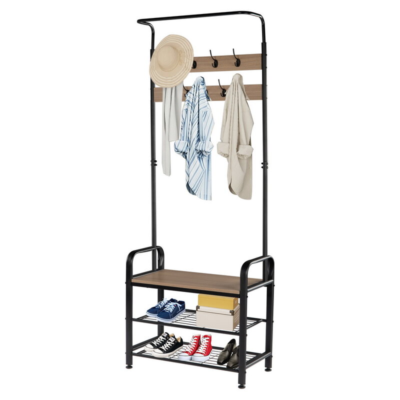 Industrial Coat Rack Metal Particleboard Board Durable 9 Hooks with Two-Layer Mesh Shoe Rack Gray Color