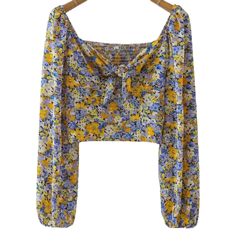 Odzież damska w stylu zachodnim jesienna modna koszula w kwiaty wiązana koszula pastoralna krótka bluzka damska typu Streetwear z długim rękawem
