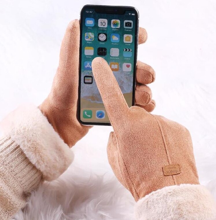 Guantes de gamuza de lujo para mujer, guantes con dedos completos, pantalla de dedo derecha, gruesos, de terciopelo, cálidos, para invierno, 2021