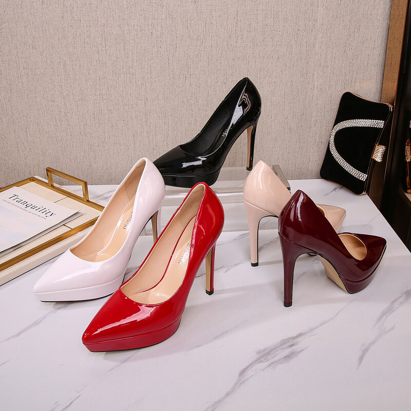 Women Pumps Shoes High Heels 12mm Platform Stiletto  Office Lady Pointed Toe 2021 Designe Fashion Wedding Dress Party Red Heels