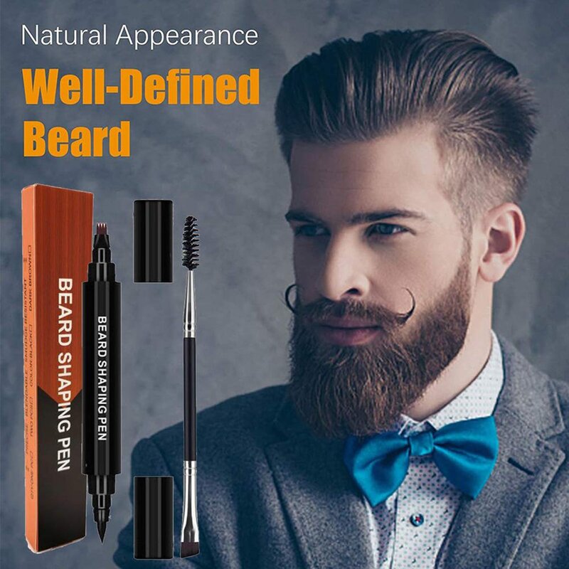 Stylo de remplissage de barbe pour hommes, 2 en 1, pointe à quatre branches, imperméable et résistant à la sueur, stylo de remplissage de barbe pour hommes, avec Kit de brosse