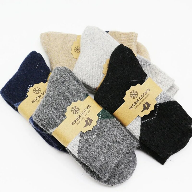 Winter Men's Thick Warm Merino Wool Socks Harajuku Retro Diamond Plaid Snow  Long Cashmere Socks Large Size（41-46）3 Pair