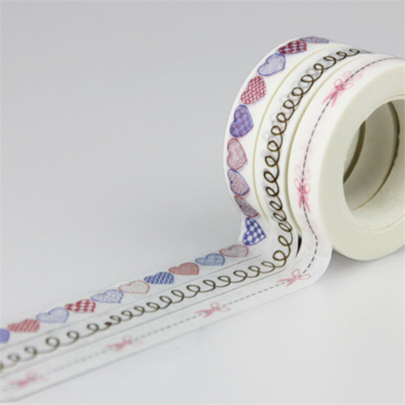 3 estilos 8mm * 10m Scrapbooking cinta adhesiva corazón patrón auto-adhesivo diario Ablum decoración Washi Tape de papel la escuela suministros