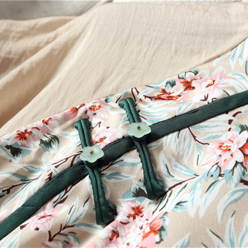 2021 primavera e l'estate nuove donne colletto basso raglan maniche lunghe a cinque punte cuciture Tencel chiffon stampato cheongsam