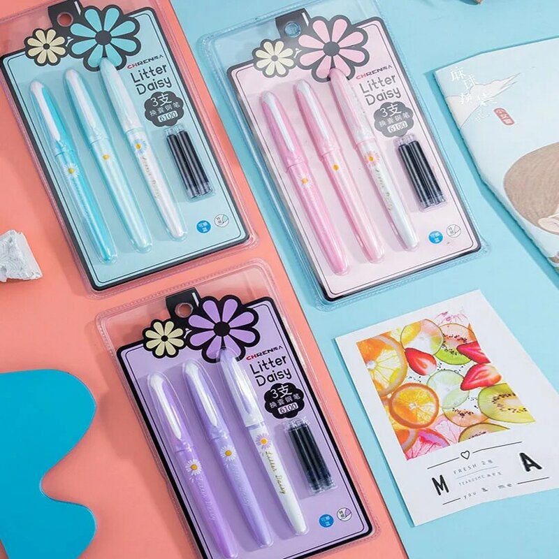 3Pcs Cute daisy Fountain Pen Erasable Ink Pens for Kids Student Gifts Kawaii Small tip pen Stationery School Office Supplies