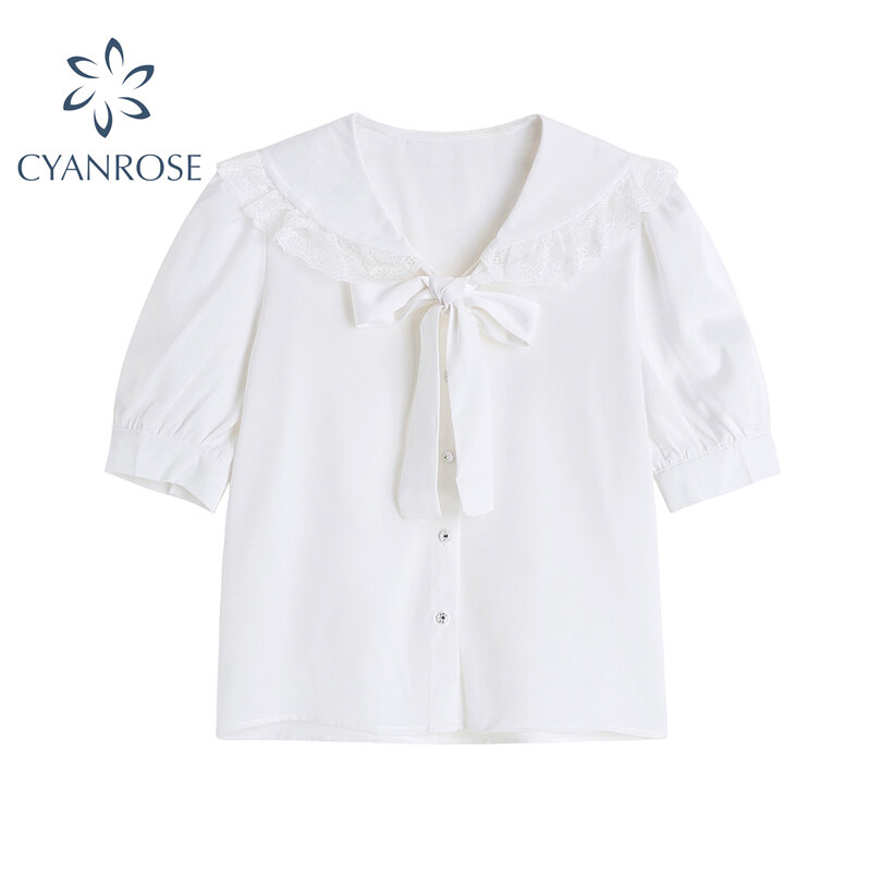 الأبيض الدانتيل حافة الحلو القوس ضمادة قميص المرأة 2021 الصيف موضة جديدة الكورية نمط مكتب السيدات بلون بلوزة غير رسمية