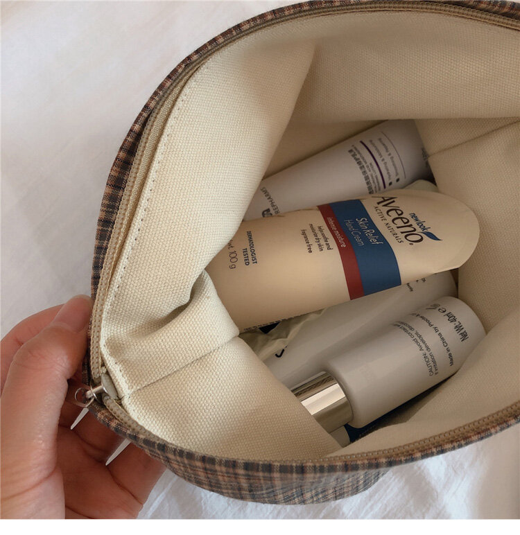 Retro xadrez saco de cosméticos saco de lavagem grande zíper maquiagem organizador sacos mulheres portátil beleza caso cosméticos bolsa de armazenamento embreagem