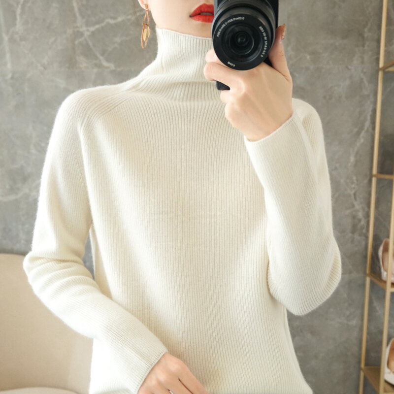 Женский вязаный свитер из 100%-ной шерсти, с высоким воротником