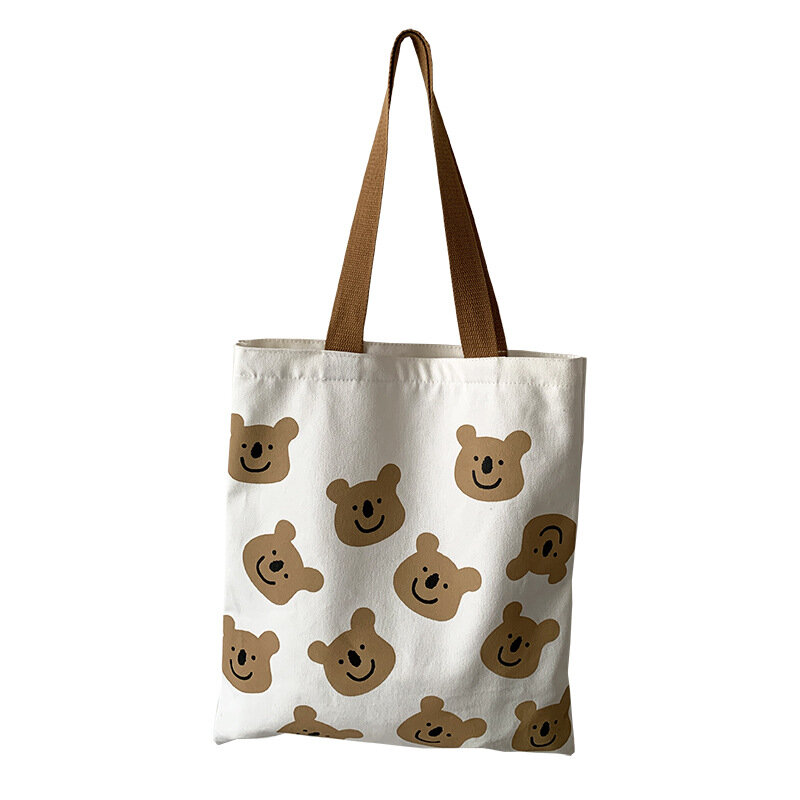 Simple Women's Canvas Shoulder Bags Eco Reusable Ladies Large Tote Shopping Bags Cute Cartoon Bear Student Girls Book Handbags