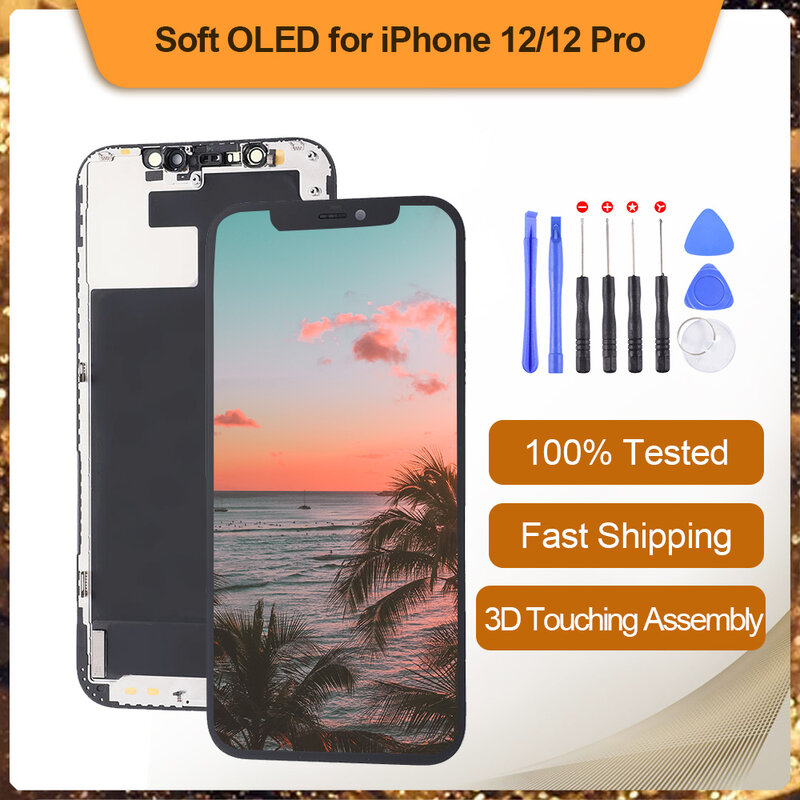 OLED Lembut untuk iPhone 12 12 Pro Pantalla dengan Perakitan Digitizer Sentuh 3D Layar OELD Tampilan Pengganti True Tone Didukung