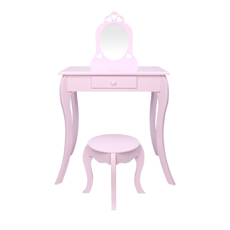 Tocador de juguete para niña, 1 espejo/silla/1 cajón púrpura, tablero de alta calidad, pies doblados, diseño de arco, disponible en EE. UU.