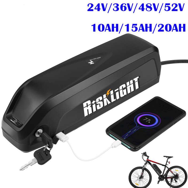 Bateria para bicicleta elétrica, 36v, 48v, 52v, 10ah, 15ah, 20ah, 18650 down, tubo hailong, para motor bafang 750w, 500w, 1000w