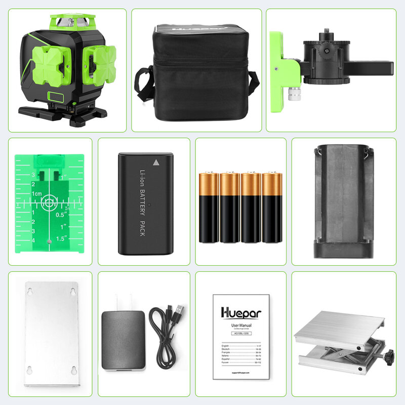 Huepar-láser de línea cruzada 4D de 16 líneas, 4x360, haz de luz verde autonivelante, uso de carga USB, batería seca y de iones de litio, S04CG-L