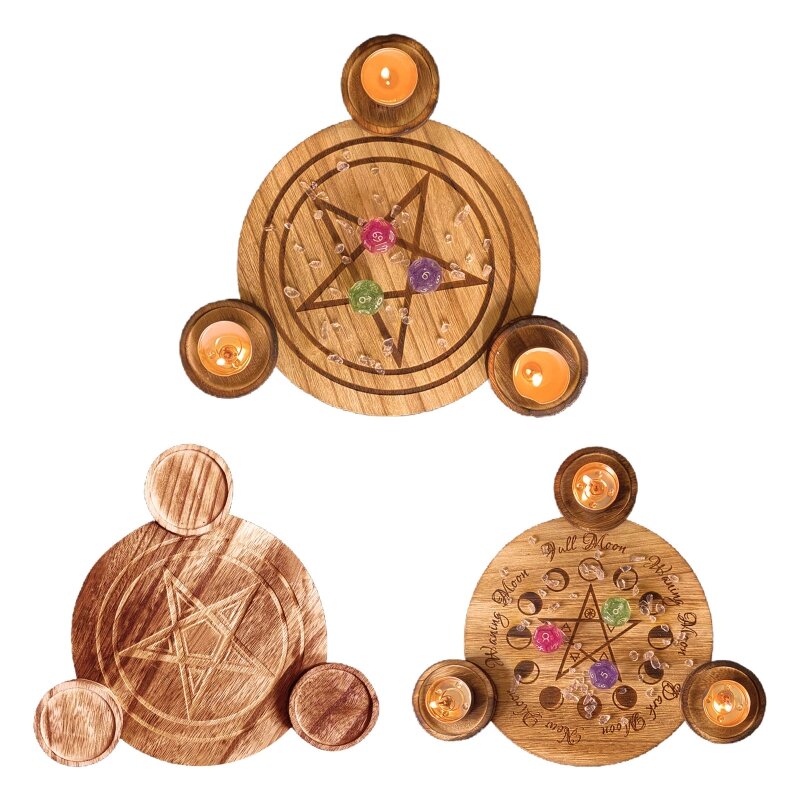 Wooden Candle Holder Astrology Pentacle Altar Plate Divination Magic Candlestick