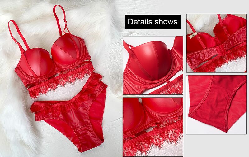 Fashion Women's Sexy Bra Set Push Up Solid Pattern Leather Cup Seamless Bra and Panties Set Underwire Lingerie Women