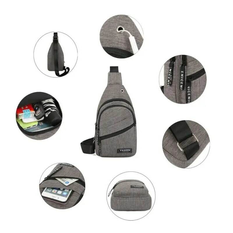 Männer Schulter Tasche Sling Brust Pack Leinwand USB Lade Sport Crossbody Handtasche