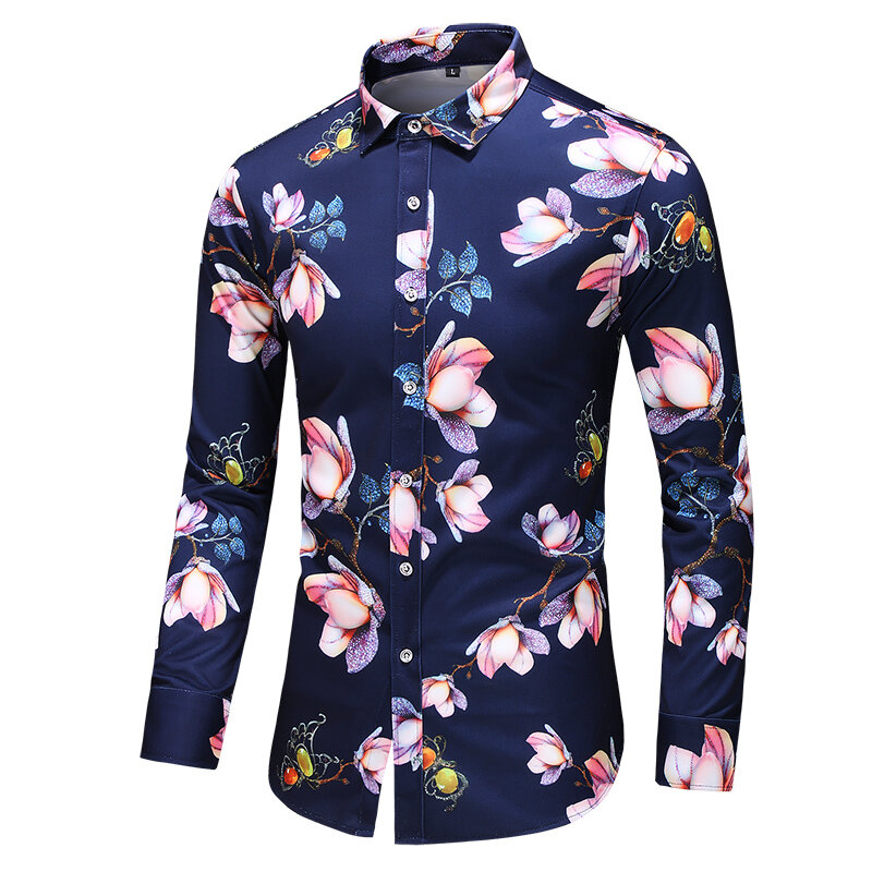 Brand clothing Mens Long Sleeve Slim Print Shirt Summer New Men's Floral Hawaiian Shirts Casual Loose Tops Plus Size 5XL 6XL 7XL