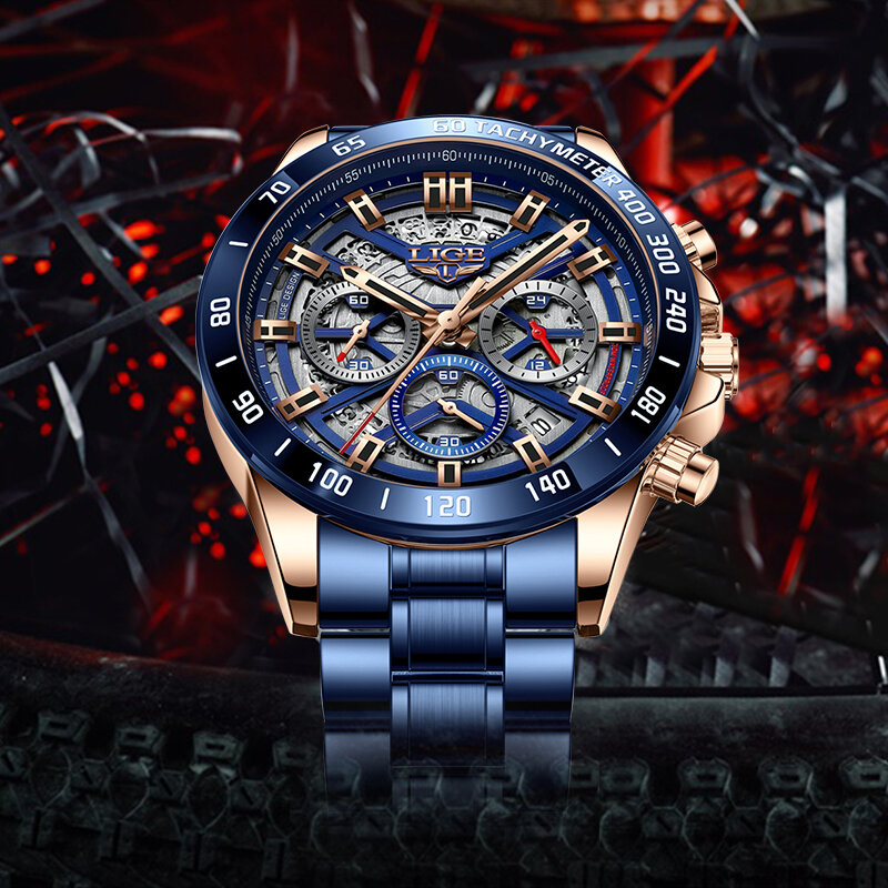 LIGE męskie zegarki Top marka luksusowe ze stali nierdzewnej niebieski Hollow wodoodporny zegarek kwarcowy mężczyźni moda Chronograph mężczyźni zegarki sportowe