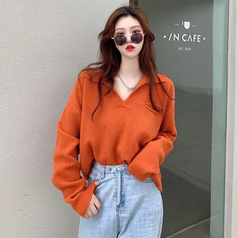 Women Solid Casual Pullover Loose V Neck Knitted Sweater Top Winter Autumn Outwear Girls