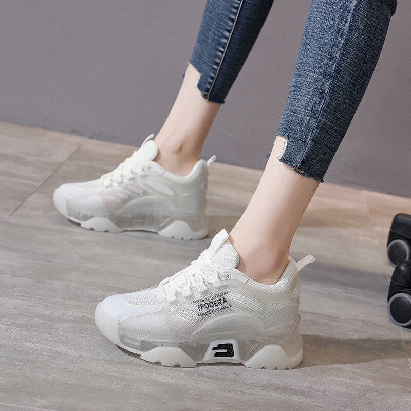 Женские сетчатые кроссовки на толстой подошве, белые дышащие кроссовки на платформе, повседневная спортивная обувь для женщин, 2021