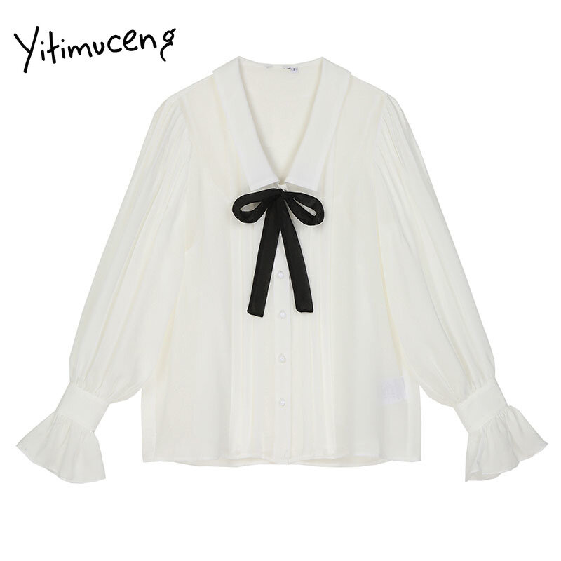Yitimuceng laço acima blusa feminina lanterna manga botão camisas em linha reta branco 2021 primavera coreano moda turn-down colarinho topos