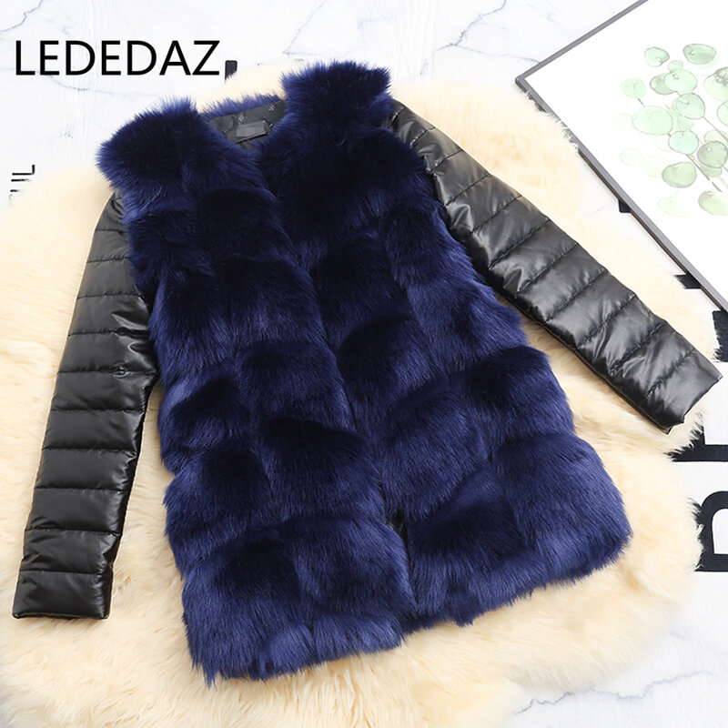 Winter Fashion Women's Faux Fur Jacket Furry Teddy Coat Plus Sizes Thick & Warm Ladies Faux Fur Coat PU Sleeves Peludos Mujer