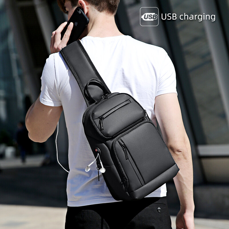 Fenruien 남자 숄더 가방 방수 대용량 Crossbody 가방 9.7 인치 iPad 가슴 팩 USB 충전 남성 비즈니스 슬링 가방