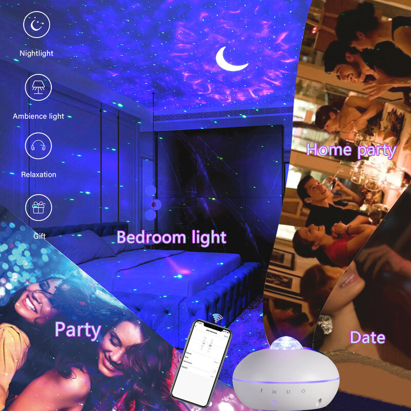 Altavoz Bluetooth con aplicación inteligente, proyector de estrellas, luz nocturna de galaxia, lámpara nebulosa con Control de voz y música, Luna y Noche