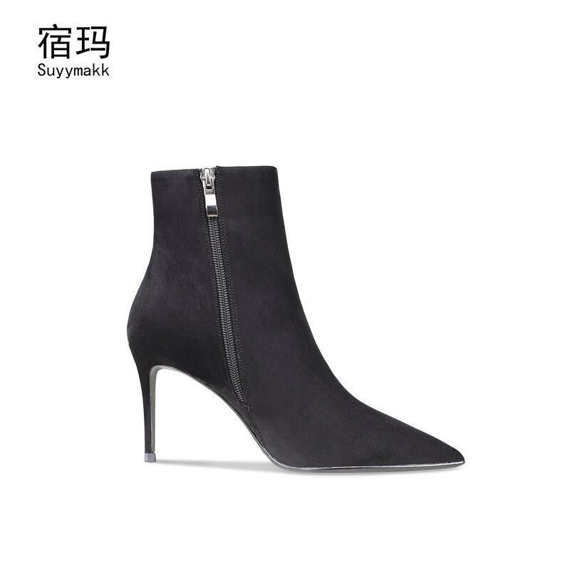 ผู้หญิงรองเท้าส้นสูงรองเท้าเซ็กซี่ Flock รองเท้ายืดข้อเท้า Booties 2021ฤดูหนาวหญิง Thin Heel Pointed Toe รองเท้าสั...