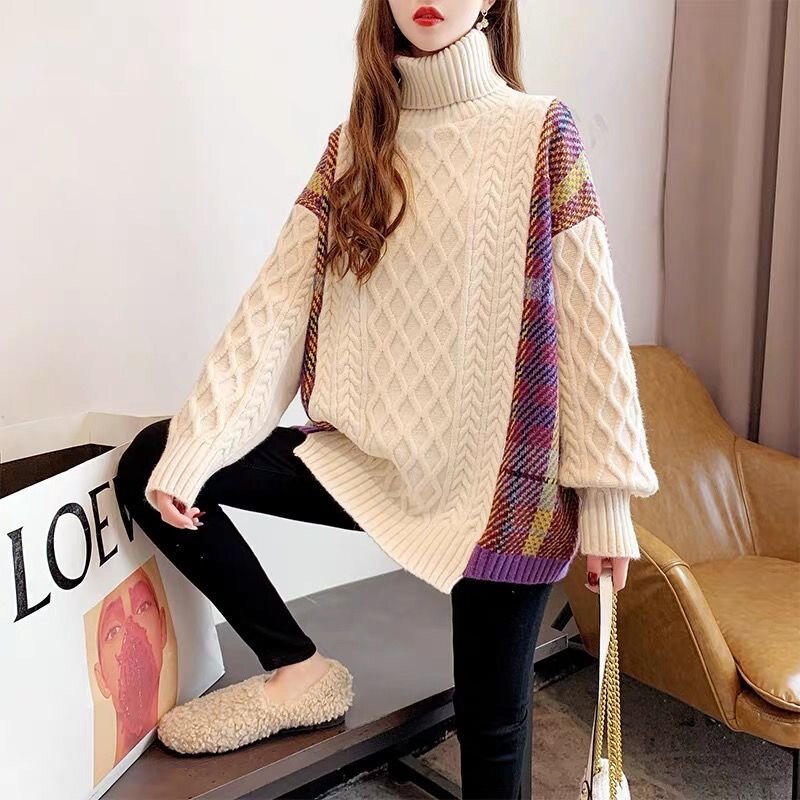 Women's Plaid Autumn Winter Sweater Lapel Twist Loose Slim Pullover Patchwork Casual Cashmere Knit Sweater 2021 New