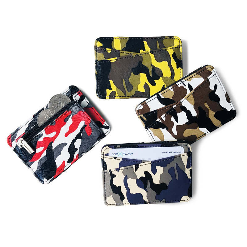 Nova carteira masculina de couro camuflada e com bolso para moedas, bolsa com zíper, porta-dinheiro, cartão de crédito