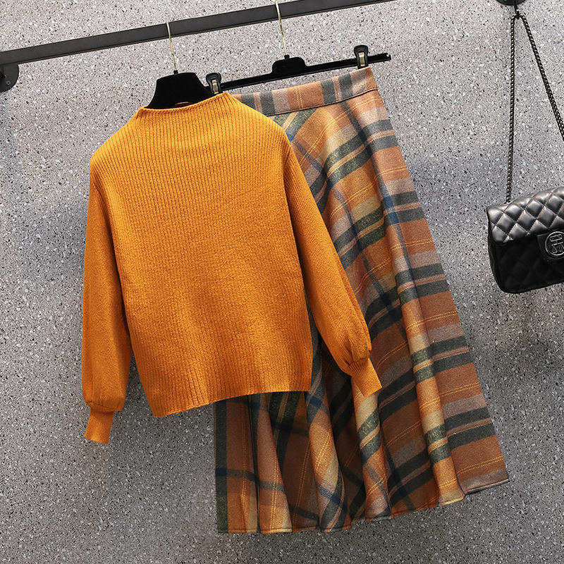 Vangull-traje de dos piezas estilo inglés para mujer, jerseys de punto de manga larga Lisa para otoño, faldas con cremallera lateral a cuadros, dos conjuntos