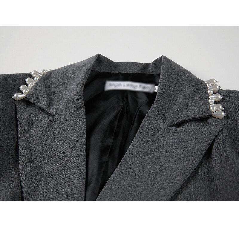Moda solta pérola cinza comprimento médio blazer casaco feminino manga comprida único breasted 2021 outono inverno novo chique elegante do vintage