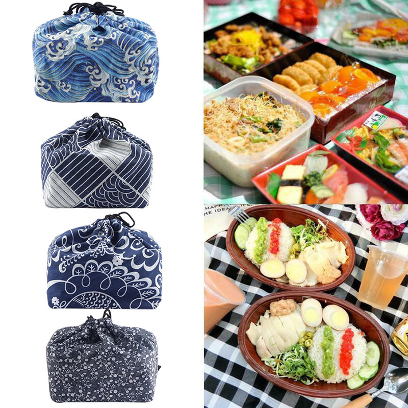 Bolsa de almuerzo de estilo japonés para uso en la oficina, bolsa de almuerzo con aislamiento térmico, con cordón, portátil