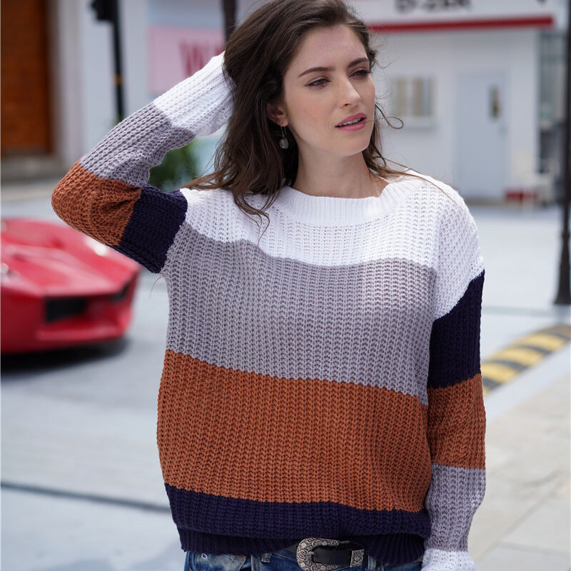 Women Sweater Rainbow Stripes Knitted Round Neck Casual Streetwear Sweater For Ladies