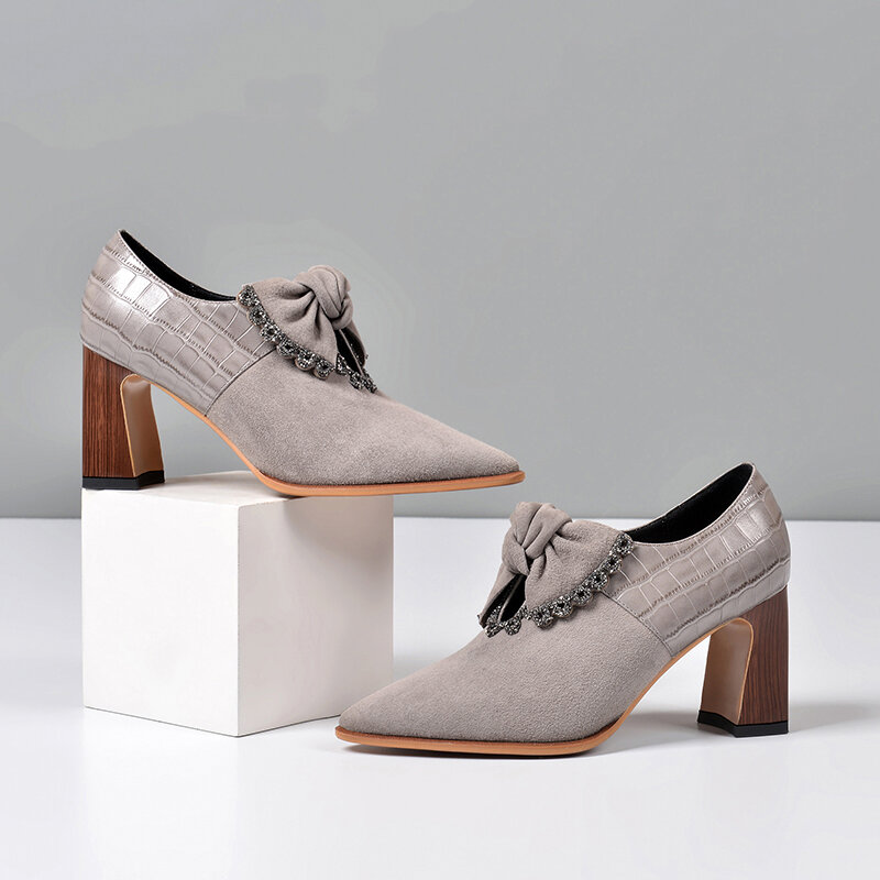 Zapatos de tacón con pajarita para mujer, calzado de gamuza, de retales, de tacón alto, para primavera y boda, 2020