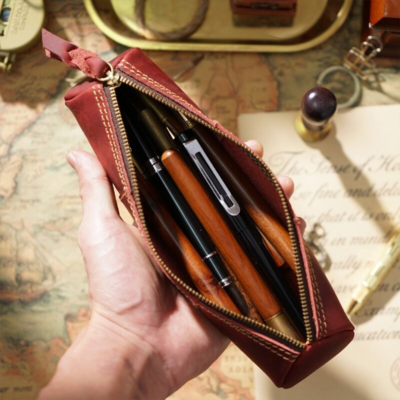 Винтажная кожаная сумочка на молнии для ручек в стиле ретро, отличный подарок для учителей, женщин, мужчин, студентов, друзей