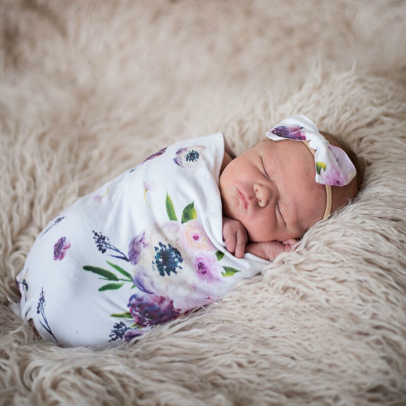 Bebê recém-nascido dormir saco arco headwear 2 peças terno da criança floral saco de dormir conjunto 0-2 meses cobertores do bebê macio material de cama