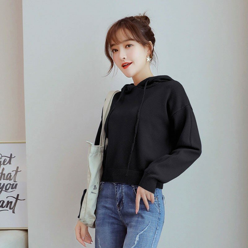New Fashion Women Long Sleeve Hoodies Casual Hooded Knitted Solid Color Short Section Sweatshirts Tops Hot