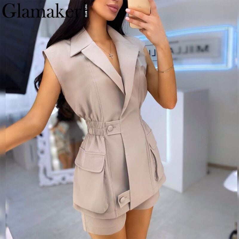 Glamaker Sleeveless 2 piece suit set women v neck elastic waist female office ladies set summer shorts co ord set sexy outfits