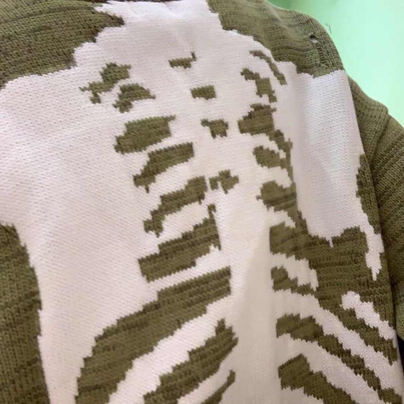 สีเขียวหลวม Skeleton Bone พิมพ์ผู้ชายผู้หญิงคุณภาพสูง Street ความเสียหาย Hole Vintage 1:1ถักเสื้อกันหนาว