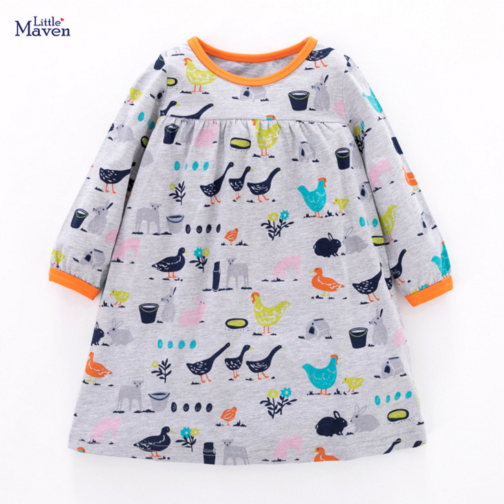 Little Maven/брендовая осенняя одежда для маленьких девочек драпированное платье хлопковая осенняя одежда с цветочным принтом для малышей, От 2 д...
