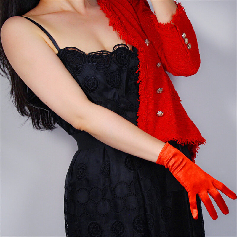 Luvas de seda elástica 22cm cetim de seda grande vermelho feminino luvas de proteção solar de parágrafo curto scdh22