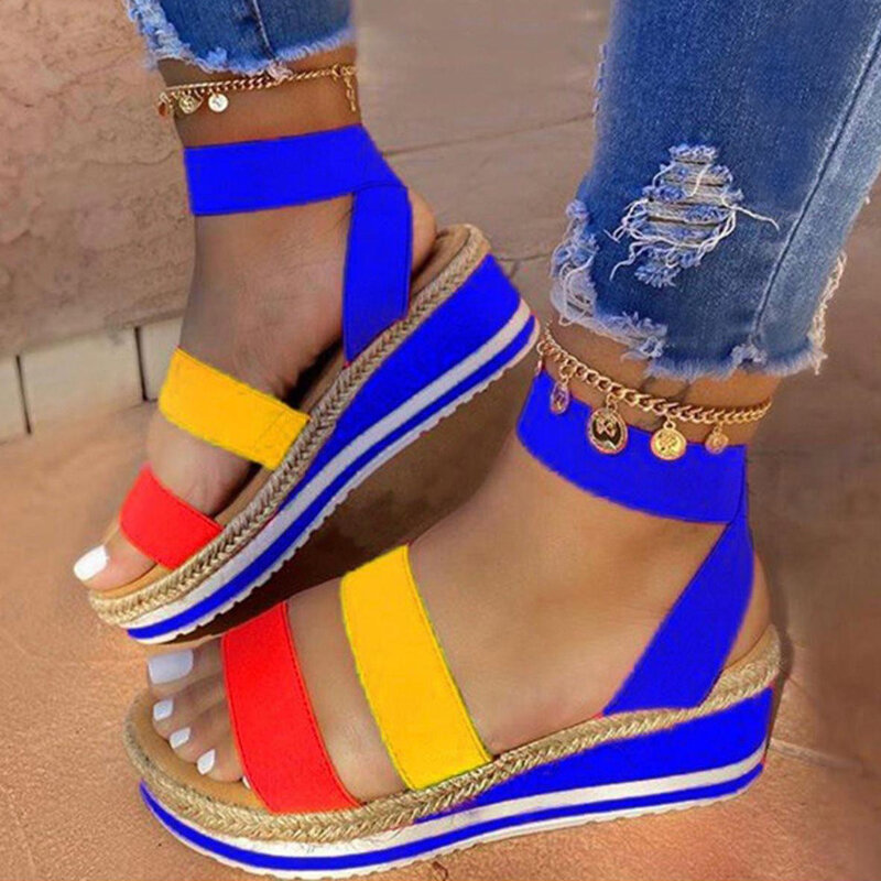 MCCKLE Sandals Women Wedges Platform Candy Color Ladies Hemp Shoes Ladies Summer Casual Slip on Strap Cross Cool Girls New